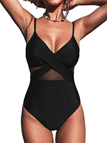 CUPSHE Damen Badeanzug Wickeloptik Sheer Mesh Monokini V Ausschnitt Figurformend Einteilige Bademode Swimsuit Schwarz M