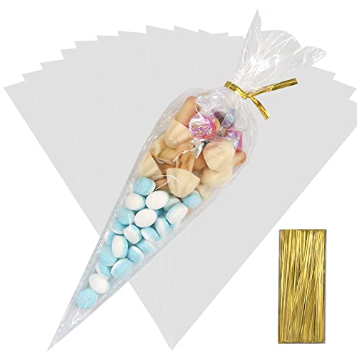 Flimflim Candy Bar Tüten Reißfest mit Kabelbinder, Süßigkeiten Tüten Candybar Cone Cellophantüten Bonbons, 13X25cm Durchsichtig Geschenktüten für Hochzeit Kindergeburtstag Party 100 Stk