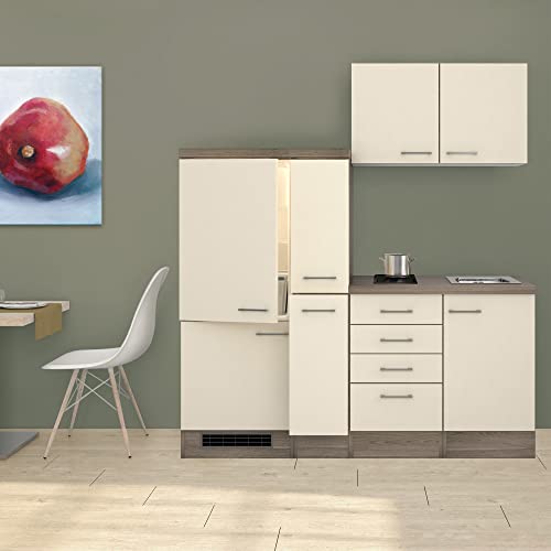 RIWAA - Singleküche BELFAST - 9-teilig - inkl. Einbau-Kühlschrank, 2er Glaskeramik-Kochfeld und Spüle - Breite 180 cm - Creme Samtmatt/Eiche Dekor