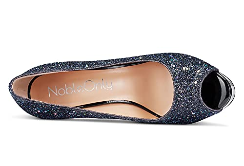 NobleOnly Damen Plattform Peep-Toes Pumps 13CM Stilettos High Heels Schwarz Glitter Schuhe EU38