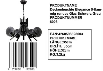 moebel17 8003 Kronleuchte Wohnzimmerleuchte Deckenleuchte Lampe fürs Wohnzimmer, Schirm aus Glas Grau Metall Schwarz Designerleuchte,Maße Breite: 55 cm, Höhe 60 cm und Tiefe 55 cm