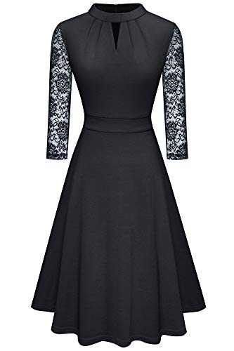 HOMEYEE Damen Elegant Hollow Out Spitzenärmel Swing Plissee Party Cocktailkleid A234 (S, Schwarz)