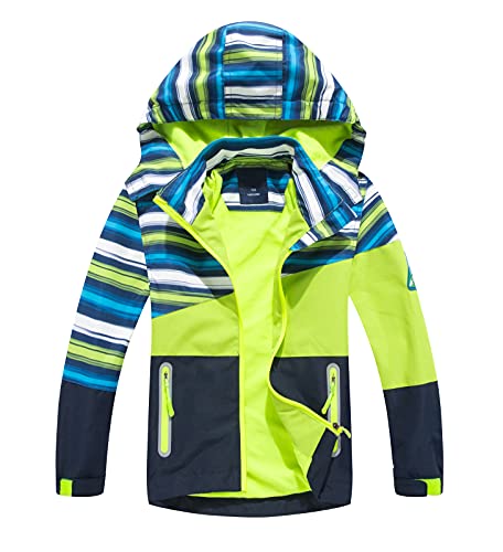 YOUNGSOUL Kinder Gefütterte Regenjacke Mädchen Windjacke Jungen Übergangsjacke Outdoorjacke Softshelljacke mit Farbblock und Gestreift Grün DE: 104-110 (Herstellergröße 110)