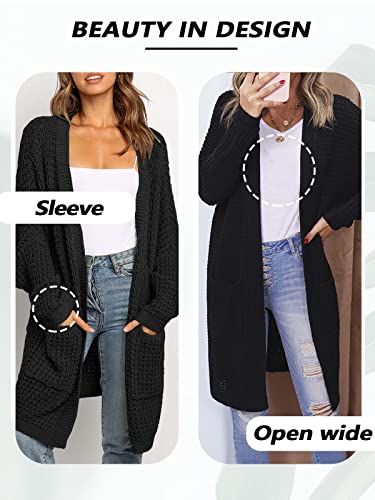 Uusollecy Strickjacke Damen Lang Einfarbige Grobstrick Strickcardigan, Herbst Winter Waffel Strickmantel, Casual Langarm Open Front Sweater Cardigan Outwear mit Tasche Schwarz XL