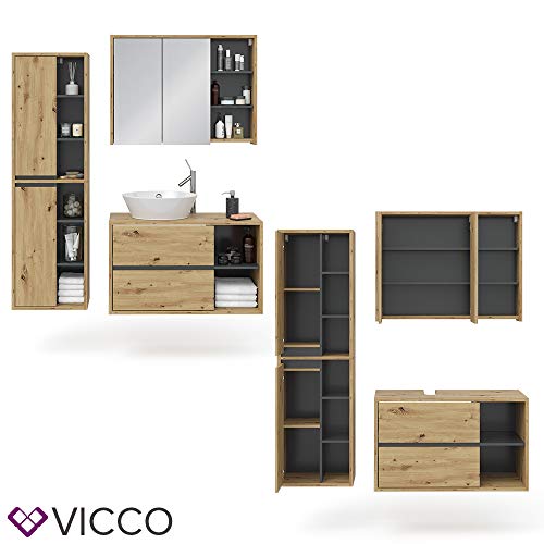 Vicco Badmöbel Set Viola Spiegelschrank Hochschrank Waschtischunterschrank (Anthrazit-Eiche)