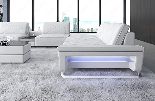 XXL Sofa Wohnlandschaft Bari in Leder Sofa mit USB-Anschluss Kopfstützen LED-Licht Ledersofa Designersofa Couch (Ottomane Links (auf Sofa blickend), Weiss)