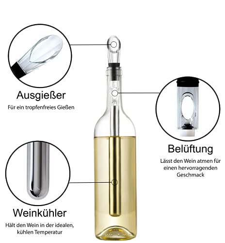 Wine Sceptre Weinkühlstab mit Belüfter aus Edelstahl - Premium Weinkühler - Weingenuss in Sommelier-Qualität - Geschenk Frauen Männer - Rot und Weißwein Geschenkset