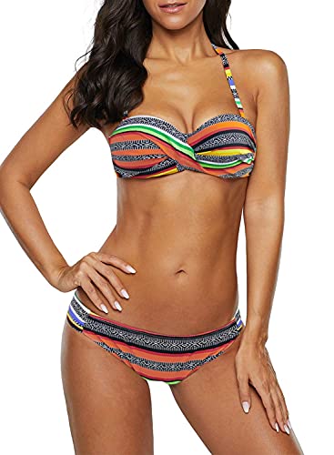 Dokotoo Bandeau Bikini Damen Push Up Zweiteilige Badeanzug Bademode Bikini Set, 03-Orange, L