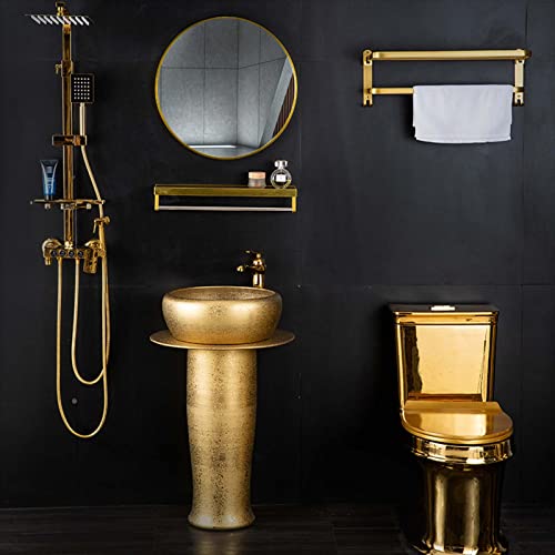 YRRA Standwaschbecken Moderne Keramik, Saulenwaschbecken Rund Gold, Antifouling Und Leicht Zu Reinigen für Handwaschbecken Garderobe Badezimmer WC,Without Mirror