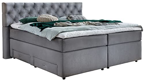 Belanoti Lara Boxspringbett 180x200 mit 4 Schubladen Stauraum Bett 180x200 mit Bettkasten in der Farbe Hellgrau H2 und H3 Chesterfield Kopfteil 7-Zonen Taschenfederkern Matratze inkl. Visco Topper