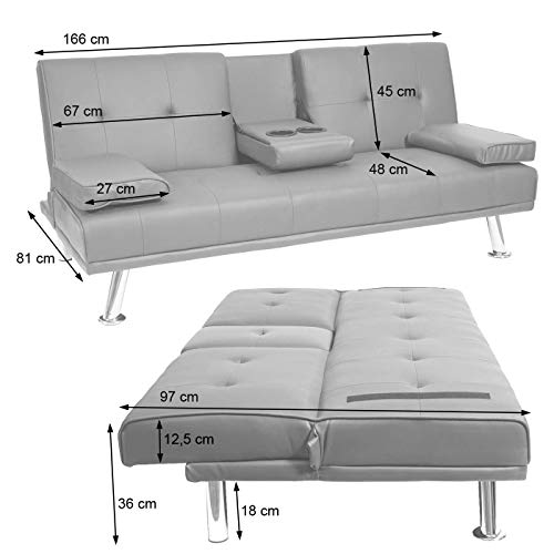 Mendler 3er-Sofa HWC-F60, Couch Schlafsofa Gästebett, Tassenhalter verstellbar 97x166cm - Textil, dunkelgrau