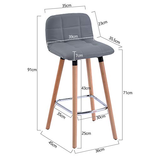 Barhocker 2er Set Barstuhl aus PU Holzbein mit Lehne + Fußstütze Küchenstuhl Hochstuhl Für Frühstück Grau