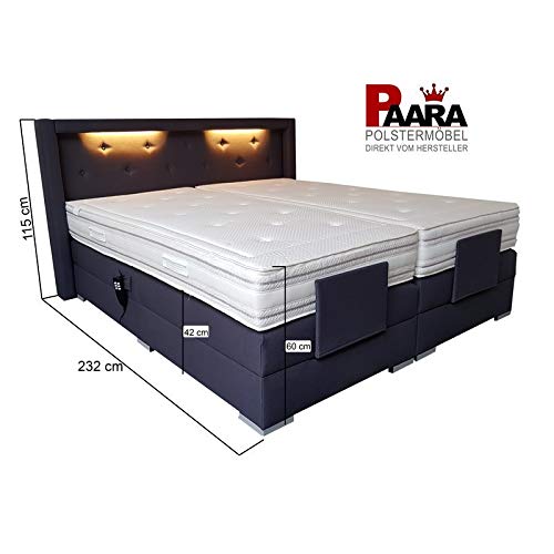 PAARA Boxspringbett Paris GM | 10.000 Newton Motorleistung | LED | Antirutsch-Matten | Royal-WS® Taschenfederkern Matratze mit GELAX® Topper Kern | Made in Germany (200 x 220 cm)