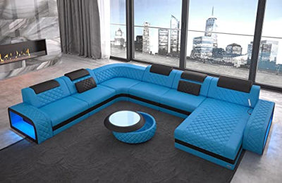 Sofa Berlin XXL U Form Wohnlandschaft mit LED Beleuchtung und Ottomane (Ottomane rechts, Blau-Schwarz)