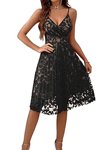 SheIn Damen Elegant Spitzenkleid Knielang A-Linie Plisseekleid Spaghettiträger Swing Cocktailkleid Ärmellos Faltenkleid Schwarz S