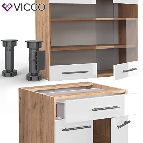 Vicco Küchenzeile Küchenblock Einbauküche Fame-Line Single 140 cm modern Küchen Schränke Spülenunterschrank Schubunterschrank Hängeschrank Hängeglasschrank Hochglanz (Eiche-Weiß Hochglanz)