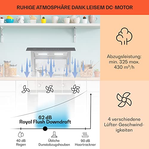 Klarstein Downdraft-Dunstabzugshaube, Versenkbare Abzugshaube, Leise Dunstabzugshauben mit Filter, Dunstabzugshaube 60cm, Umluft/Abluft Dunsthaube mit 4 Stufen, Dunstabzug 430 m³/h Luftstrom