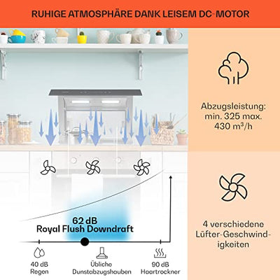 Klarstein Downdraft-Dunstabzugshaube, Versenkbare Abzugshaube, Leise Dunstabzugshauben mit Filter, Dunstabzugshaube 60cm, Umluft/Abluft Dunsthaube mit 4 Stufen, Dunstabzug 430 m³/h Luftstrom