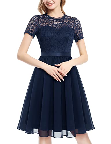 Dressystar Damen Elegant Abendkleider mit Ärmeln Knielang Cocktailkleider Rundausschnitt Partykleid LF22 Marineblau M