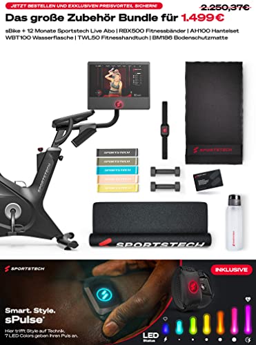 sBike Smart Indoor Cycling Bike, 21,5“ Touch Display, LED + Live & On Demand Kurse inkl. 1 Jahr Premium Mitgliedschaft im Wert von 360€ + großem Zubehör Bundle | Heimtrainer Sportstech Fitness Bike