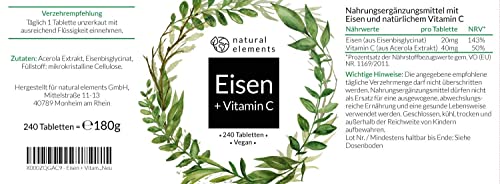 Eisen mit 40mg natürlichem Vitamin C - 240 Tabletten - Premiumrohstoff: Eisenbisglycinat (Eisen-Chelat) - Ohne Magnesiumstearat, vegan