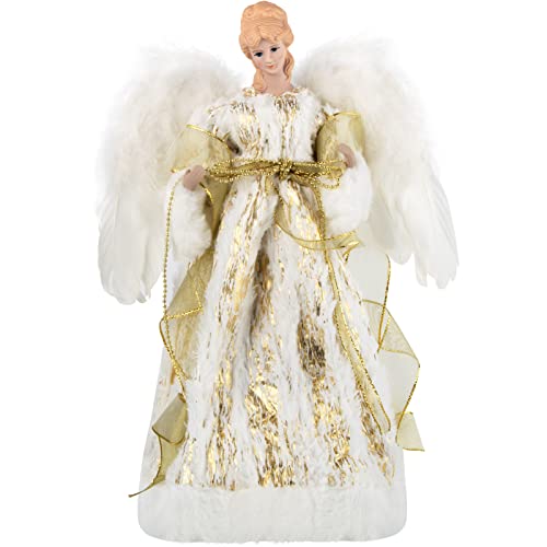 ABXMAS Fairy Angel Ornaments Christbaumspitze 16,9 Zoll, Engelspuppe aus Stoff mit weißen Flügeln und silbern für Weihnachtsbaumdekoration, Heimdekoration, Ausstellung, Geschenk, Party