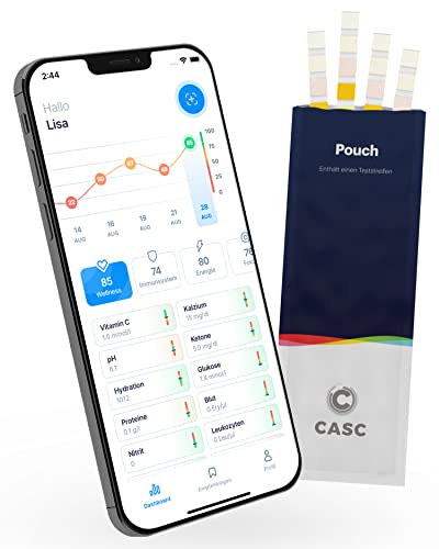 CASC Flow | Urin Teststreifen mit App - 12 Indikatoren - 4 x Urinteststreifen pro Set - Keto Sticks Urin, Ketone Messgerät, PH Wert Teststreifen Urin, Blasenentzündung Teststreifen