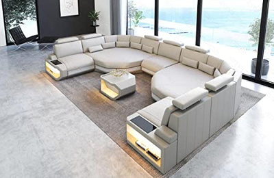 XXL Sofa Wohnlandschaft Asti mit LED-Beleuchtung Couch in Leder Designersofa mit Kopfstützen und USB-Anschluss (Große Ecke Links (auf Sofa blickend), Beige-Weiss)