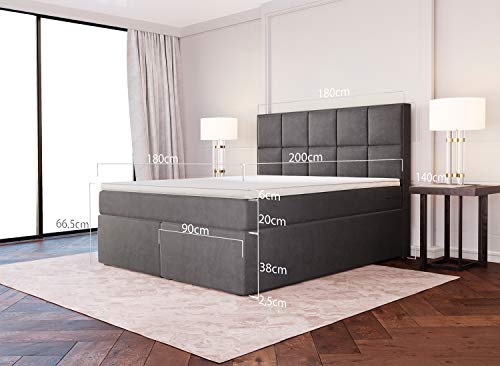 Betten Jumbo Dream Boxspringbett 180x200 mit 7-Zonen TFK Härtegrad H3 und Visco-Topper | Farbe Velour-Grau | div. Größen verfügbar