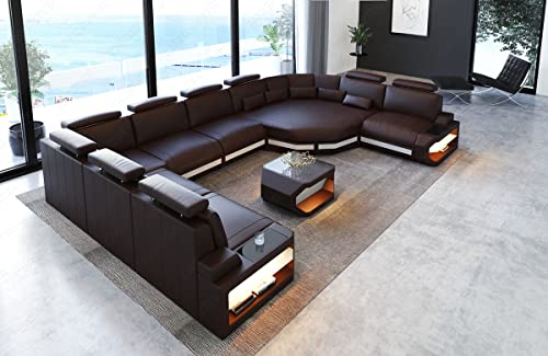 Leder Wohnlandschaft Asti Sofa U Form mit LED Beleuchtung Kopfstützen Designersofa Couch (große Ecke rechts, Dunkelbraun-Weiß)