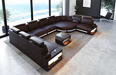 Leder Wohnlandschaft Asti Sofa U Form mit LED Beleuchtung Kopfstützen Designersofa Couch (große Ecke rechts, Dunkelbraun-Weiß)