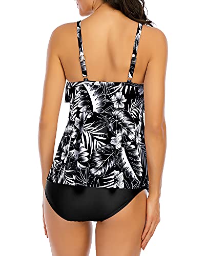 WIN.MAX Damen Tankini Bademoden Sets Hohe Taille Rüschen Volant 2 Stück Bikini Set Schwimmkostüm Plus Size Badeanzug (Monochrome Floral, EU42)