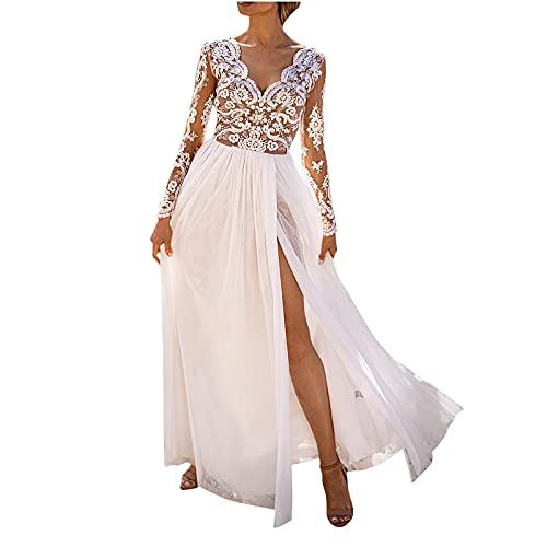 Damen Elegantes V-Ausschnitt Abendkleid, Damen Langarm Aushöhlen Spitze Perspektive Kleid Für Party Hochzeit Cocktail