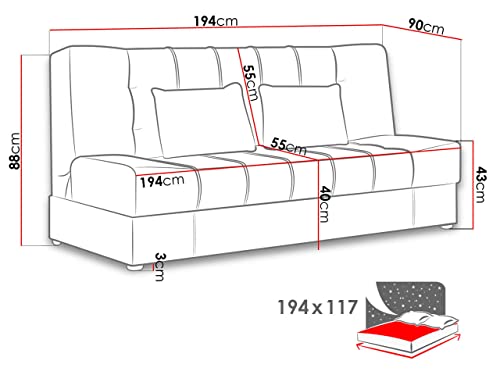 Schlafsofa Sonik mit Bettkasten, Couch mit Schlaffunktion, 3 Sitzer Sofa, Bettsofa, Farbauswahl, Polstersofa, Schlafsofa, Couchgarnitur (Chester 18)