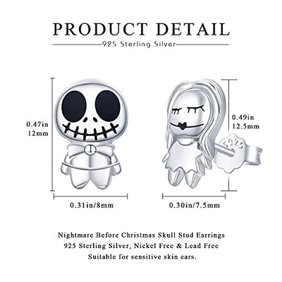 SOESON Totenkopf Ohrringe Weihnachtsohrringe,Jack Skellington und Sally Ohrringe 925 Sterling Silber Albtraum Vor Halloween Ohrringe Schmuck Geschenk für Ostergeschenke Damen