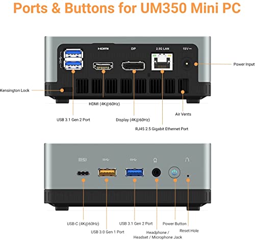 MINISFORUM UM350 Mini PC AMD Ryzen 5 3550H mit Windows 11 Pro DDR4 16 GB RAM 256 GB PCle SSD Mini Computer, Dual-Band-WLAN HDMI/DisplayPort/USB-C 4K@60Hz, 2,5G RJ45-LAN,4X USB 3.0-Anschlüsse