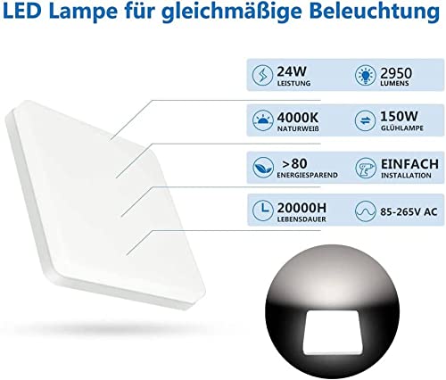 Deckenlampe LED Deckenleuchte 24W, SUNZOS 4000K 2950LM Deckenlampe Led Panel für Schlafzimmer, Küchenlampe, Flur, Balkon, Neutralweiß, Natürliches Licht Deckenleuchte Led / 18 x 4 cm