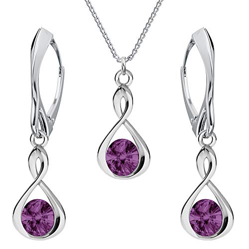 Ohrringe Silber 925 Hängend - Kette Damen mit Anhänger - Schmuck Set für Sie - mit Kristallen - Halskette Damen Silber 925 - elegante Ohrringe Hängend - Silber Kette - Unendlichkeit (Amethyst)