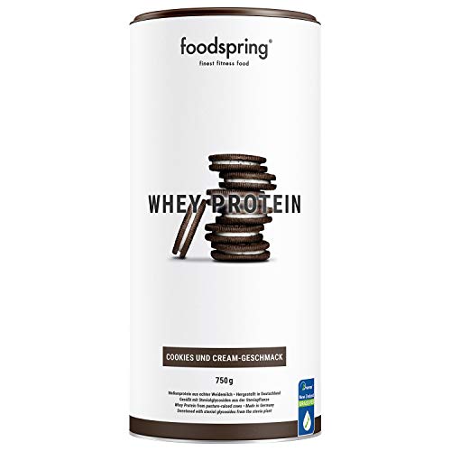 foodspring Whey Protein Pulver, 750g, Cookies & Cream, Eiweißpulver mit hohem Proteingehalt zum Muskelaufbau, aus Milch von Weidekühen