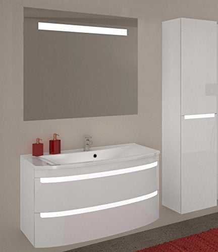 naka24 Badmöbel Set Dynamic Plus 90 cm LED Weiss Hochglanz GRIFLOS (Waschtisch Spiegel LED Hochschrank)