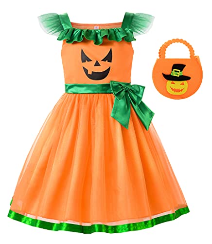 ReliBeauty Kürbis Kostüm Kinder Halloween Kleid Halloween Party Herbst Deko mit Handtasche,130