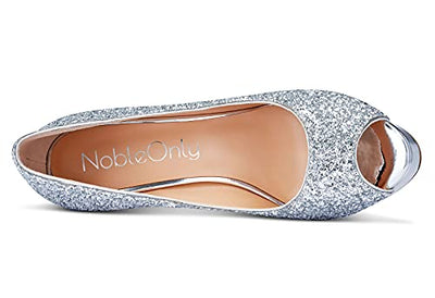 NobleOnly Damen Plattform Peep-Toes Pumps 13CM Stilettos High Heels Silber Glitter Schuhe EU39