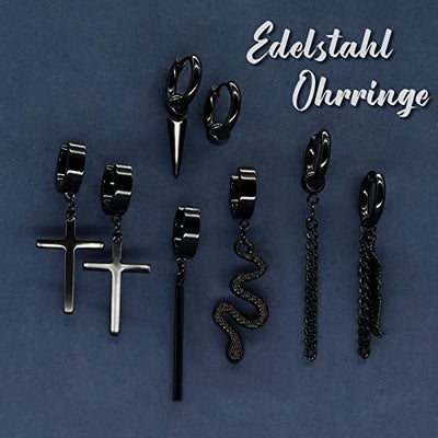 LIHELEI 20 Pcs Herren Edelstahl Ohrringe, Schwarz Ohrringe Punk Ohrringe Kreuz Feder Ohrstecker Creolen hypoallergen Set für Männer Damen