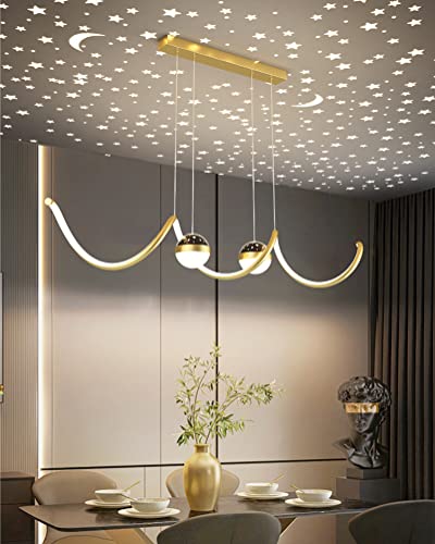 LED Hängelampe Pendelleuchte Esstisch Esszimmer Lampe Dimmbar Küchenlampe Hängend Leuchte Höhenverstellbar Wohnzimmer Büro Modern Wellen Design mit Sternen Himmel Projektion Deko Pendellampe (Gold)