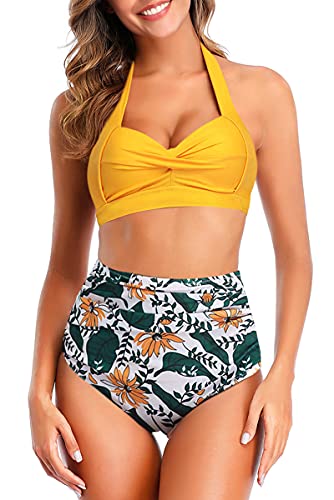 Adisputent Damen Neckholder Bikini Set Push Up Badeanzug Vintage Bikinioberteil und High Waist Bikinihose Sexy Bedruckt Zweiteiliger Strandkleidung(Gelb Blumen, XL)