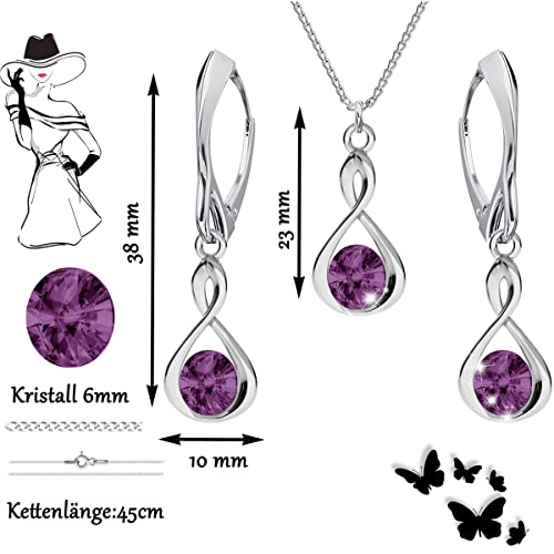 Ohrringe Silber 925 Hängend - Kette Damen mit Anhänger - Schmuck Set für Sie - mit Kristallen - Halskette Damen Silber 925 - elegante Ohrringe Hängend - Silber Kette - Unendlichkeit (Amethyst)