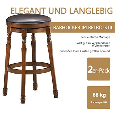 COSTWAY Drehbarer Barhocker 2er Set, Drehhocker mit um 360° drehbarem Sitz, Retro Barstuhl mit Fußstütze, gepolsterter Rundhocker, Bistrohocker aus Naturholz, für Küche Kneipen Cafés (74 cm hoch)