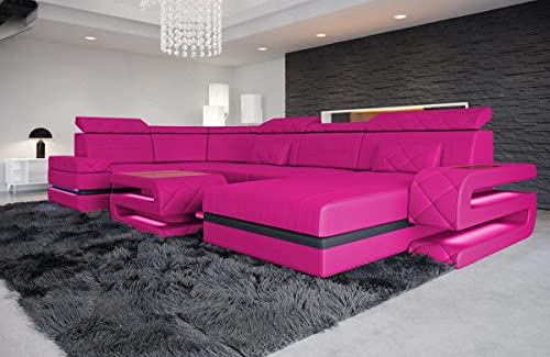 Sofa Bologna als Wohnlandschaft in der U-Form Leder Couch mit USB Kopfstützen Beleuchtung Ledersofa als Designersofa mit Stauraum (Ottomane rechts (auf Sofa blickend), Pink-Schwarz)