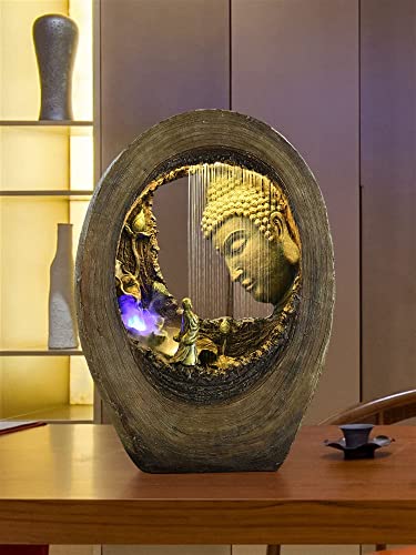 FYRMMD Meditation Buddha Brunnen Tischplatte Fengshui Meditation Entspannende Innendekoration 3D Zen Buddha Statue für H(innen)