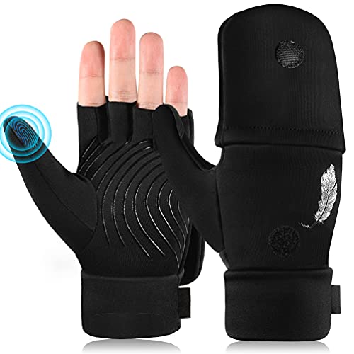 Halbfinger Flip Damen Thermo Fahrradhandschuh - Sport Outdoor Winddicht handschuh Wasserdicht mit Touch Screen Winterhandschuh Warm Running Handschuh für Fahrrad Ski Arbeits Fußball Motorrad Schwarz M